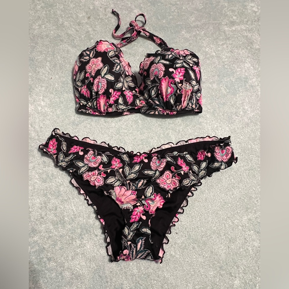 Shade & Shore Black Bikini in Pink Teal Floral 34DD L